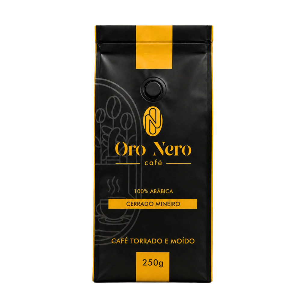 Café Oro Nero moído, embalagem preta e dourada